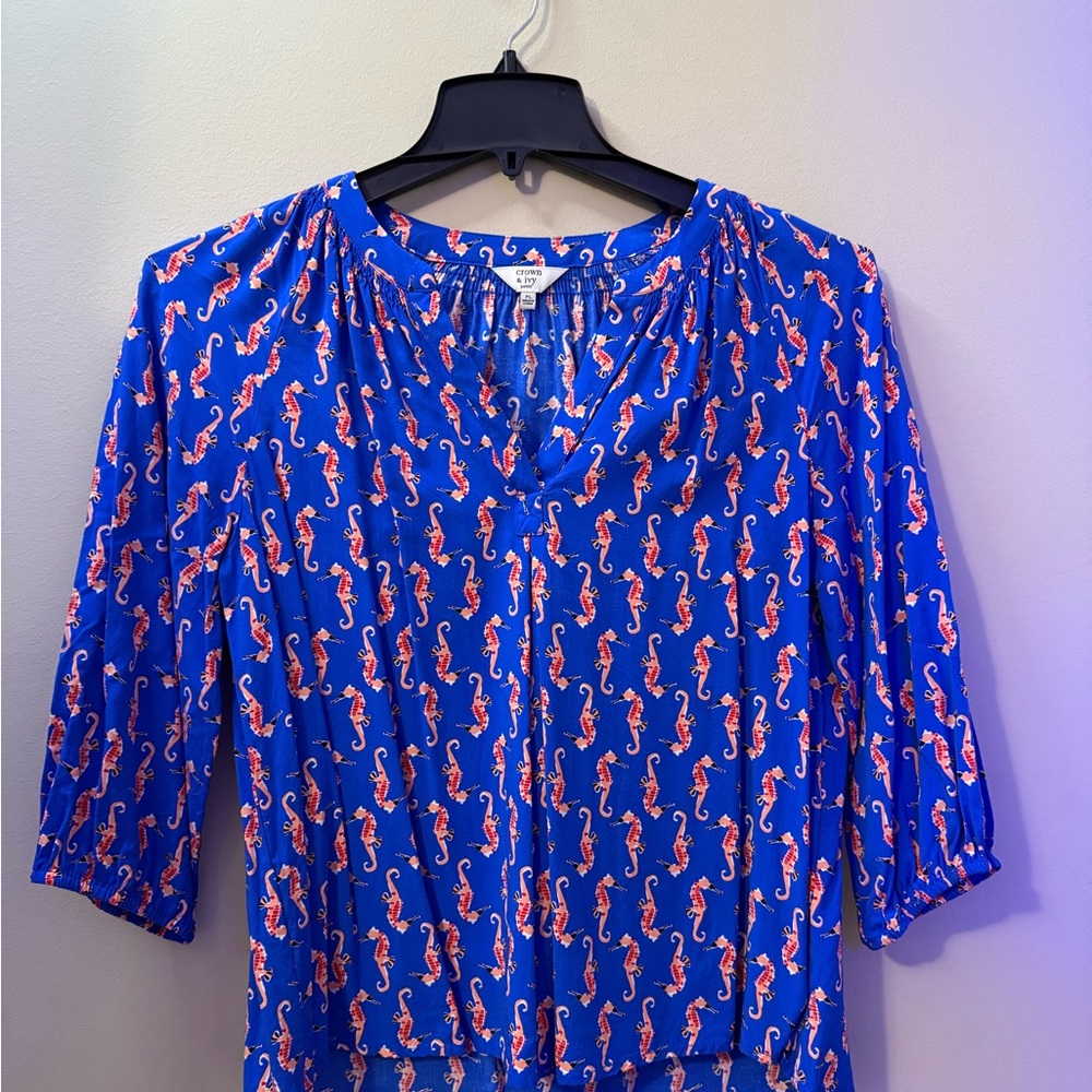 Blue Seahorse Print Women's Top